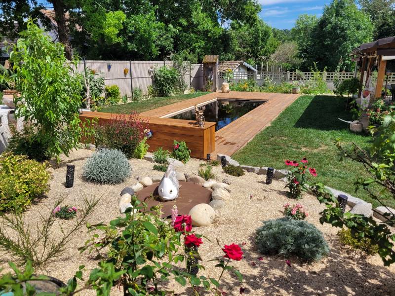installation d'une piscine écologique en bois dans un jardin arboré