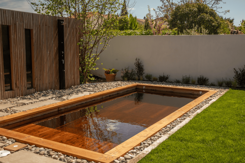 Piscine naturelle en bois immergé avec filtration biologique sans chlore