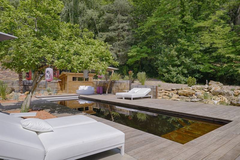 Piscine en bois immergé avec filtration naturelle sans chlore à Paris