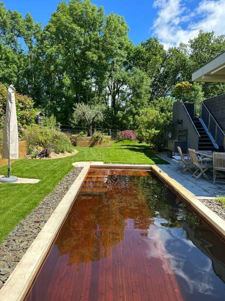 Piscine naturelle en couloir de nage avec des matériaux naturels à Lausanne en Suisse