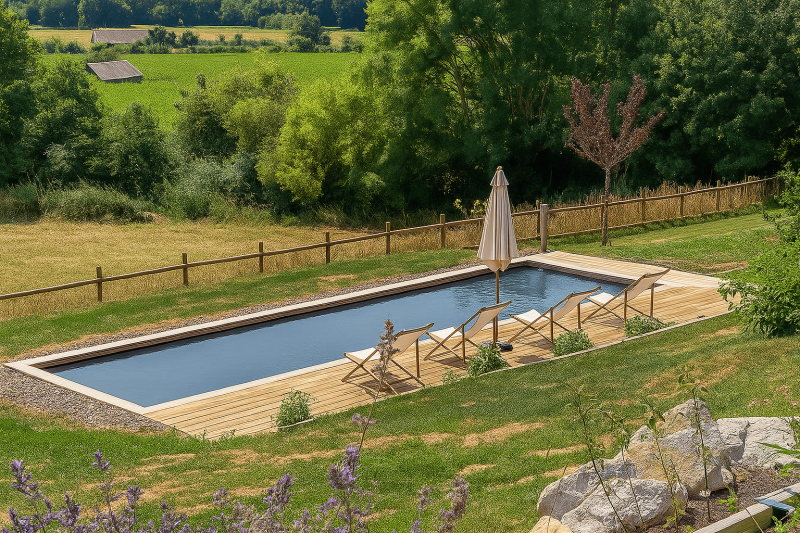 Réalisation d'une piscine enterrée en bois avec terrasse en bois dans le Calvados